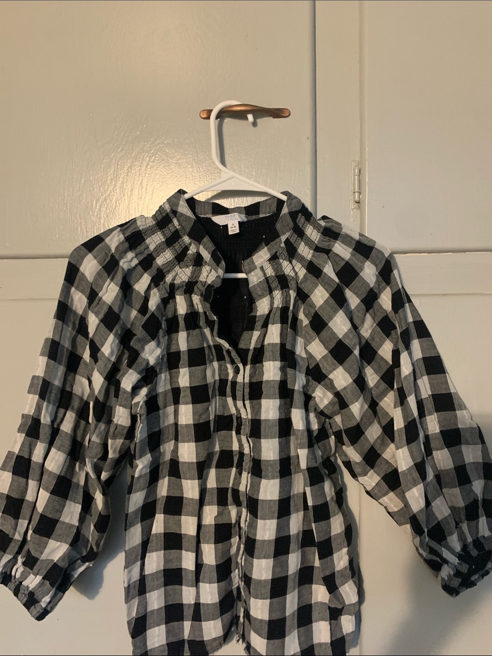 Time and Tru Black and White Plaid Button-Front Blouse